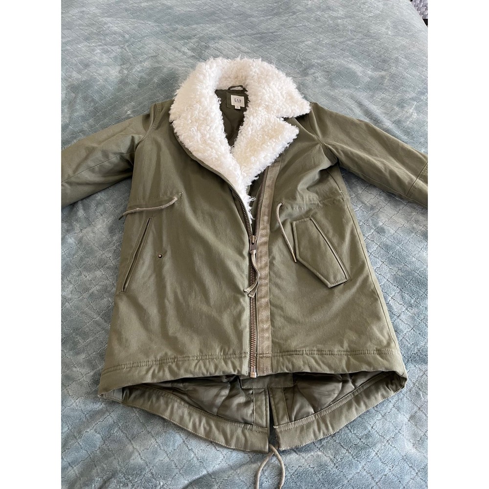 Gap XS Olive Green Faux Shearling Collar Parka Utility Jacket Fishtail Hem